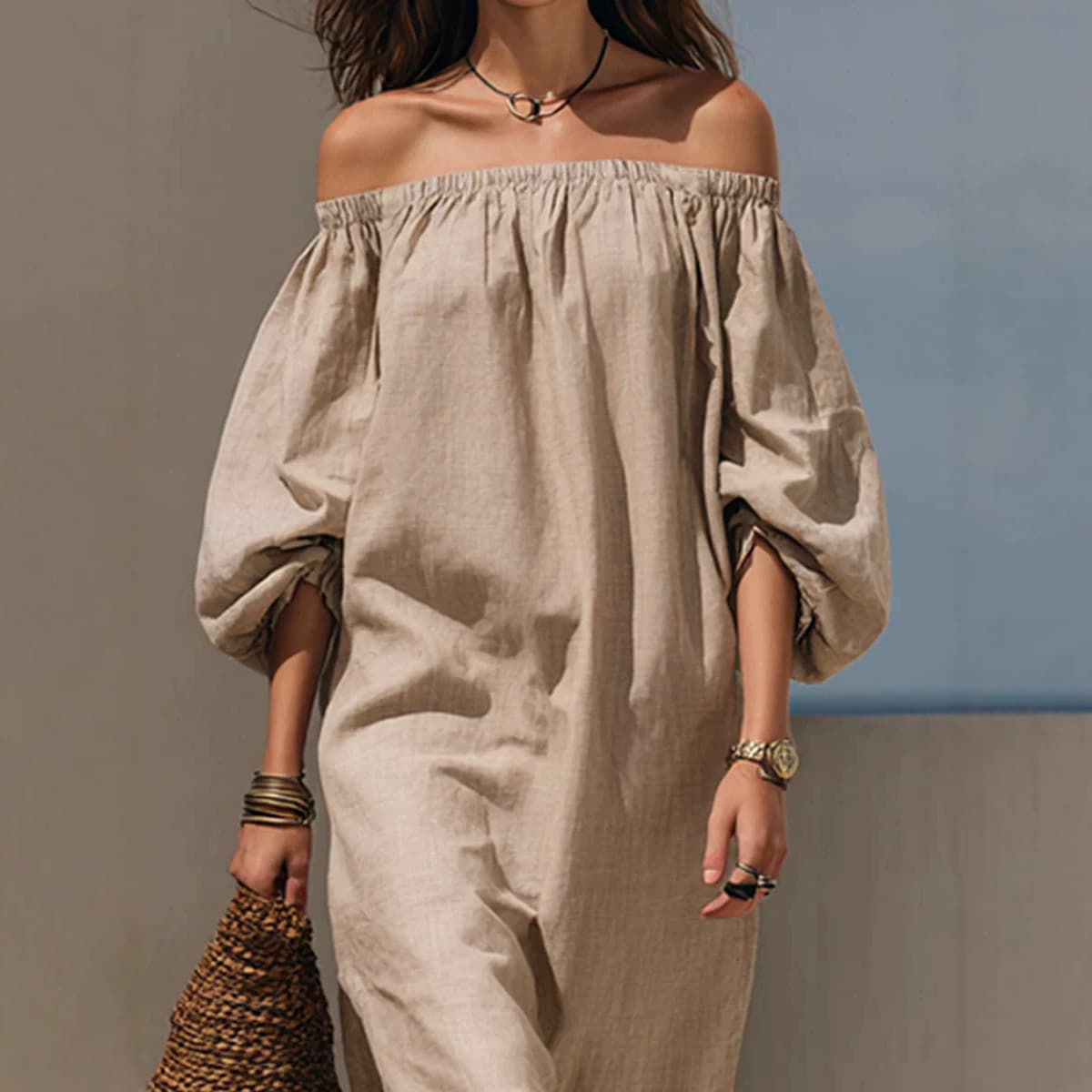 Womens Blended Off-shoulder Puff-sleeve Dress 9