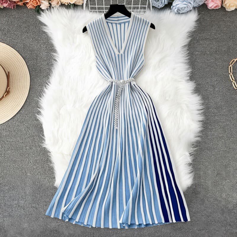 Womens Outfit Pearl-decorated Waist Belt With A Knitted Vest Dress 6