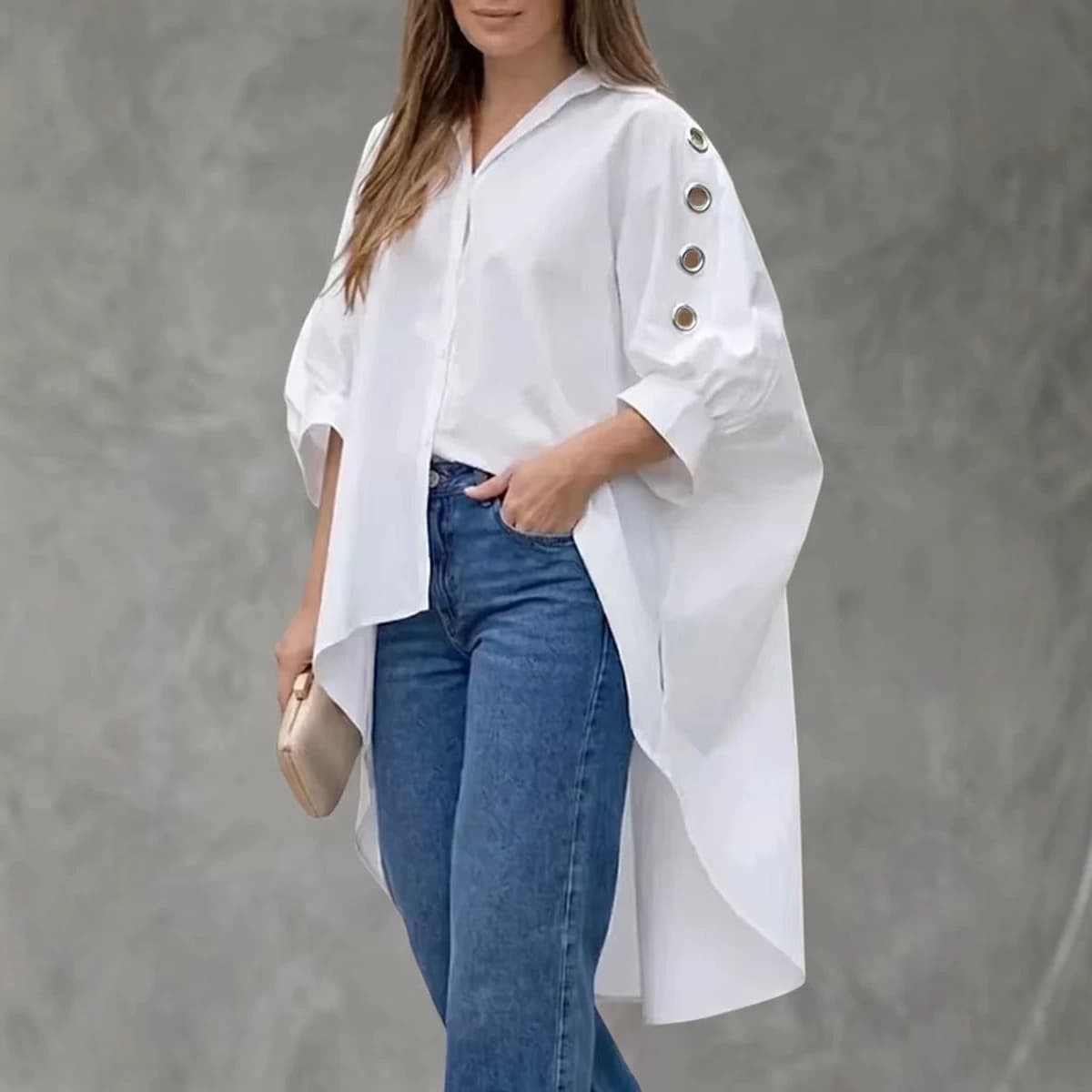 Womens Loose-fit Solid-color Long-sleeve Shirt 5