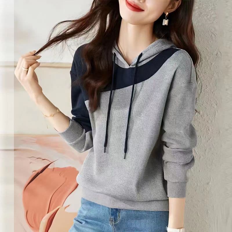 Color-block Hooded Drawstring Sweatshirt Womens Loose Fit 3