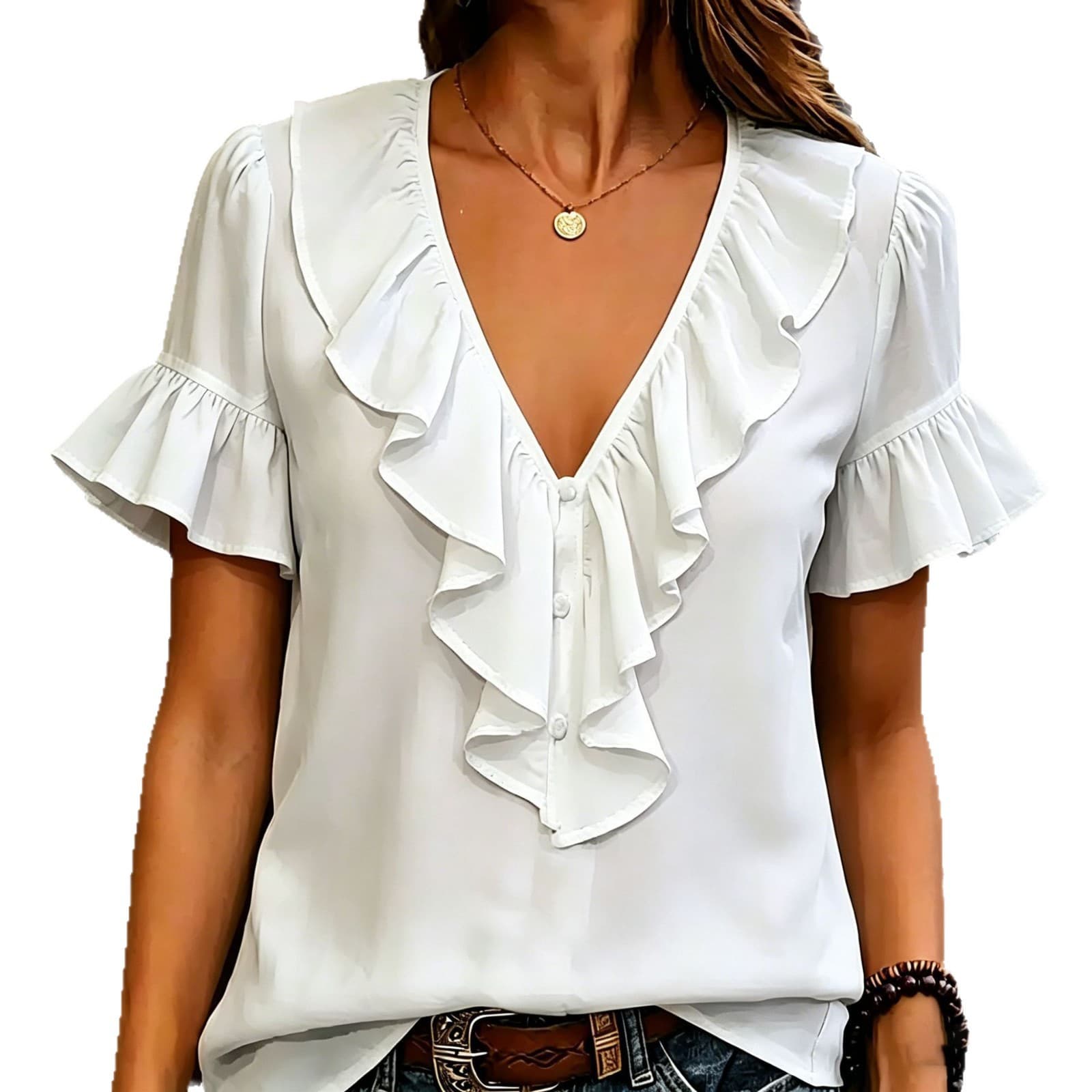 Womens Short-Sleeved T-Shirt With Ruffled Hem And V-Neck 11