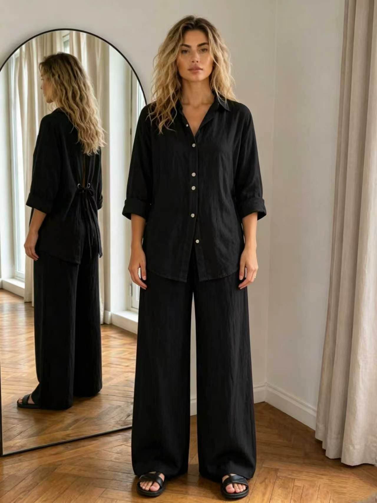 New Casual Solid-Color Trousers Summer Loose Single-Breasted Crepe Shirt Set 11
