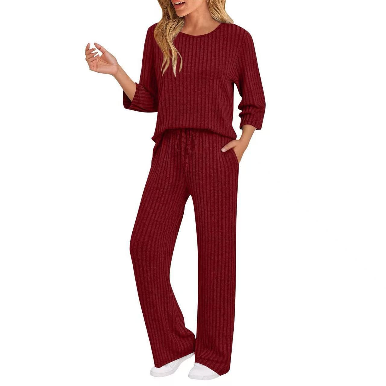 European And American-style Ribbed Striped Knit Casual Set 5
