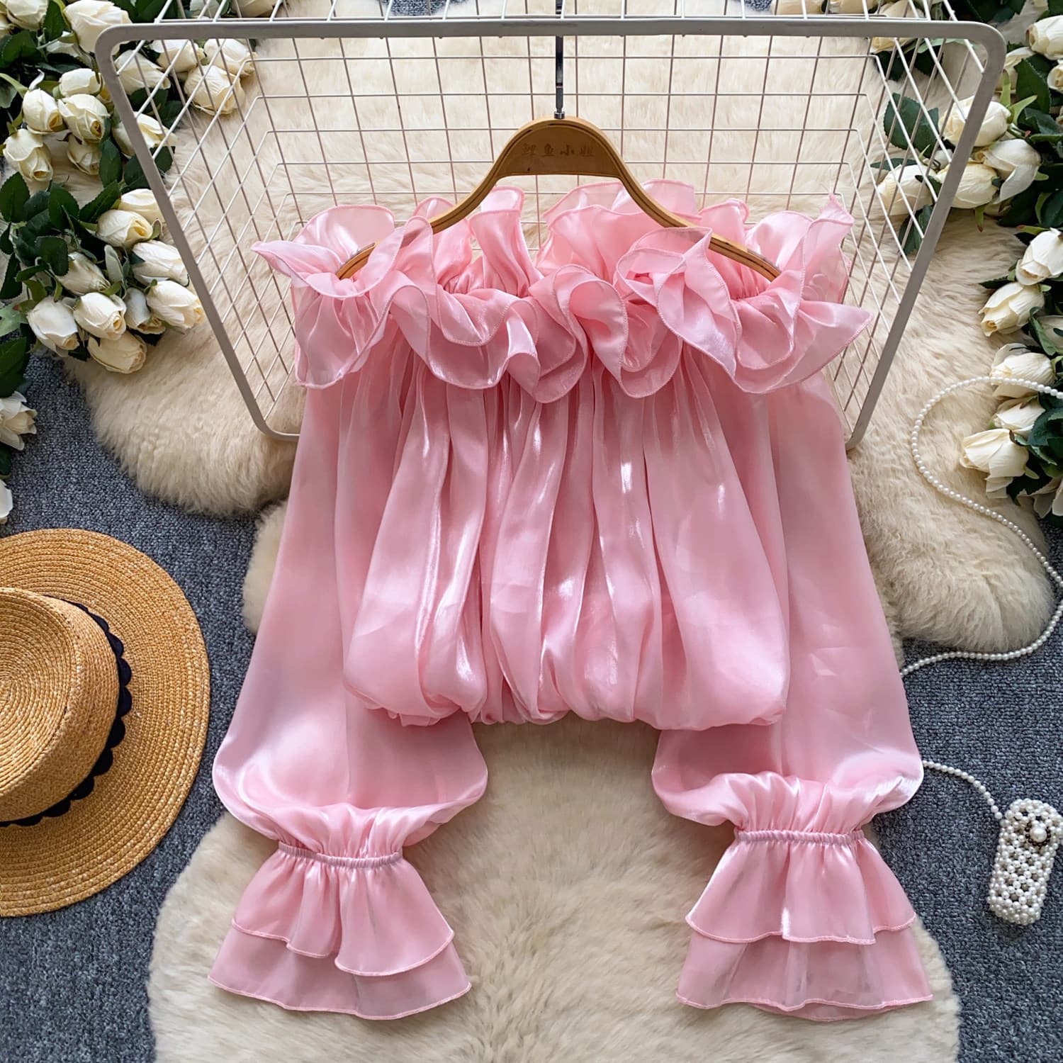 Off-the-shoulder Chiffon Blouse With Ruffled Trim Elegant Style 2