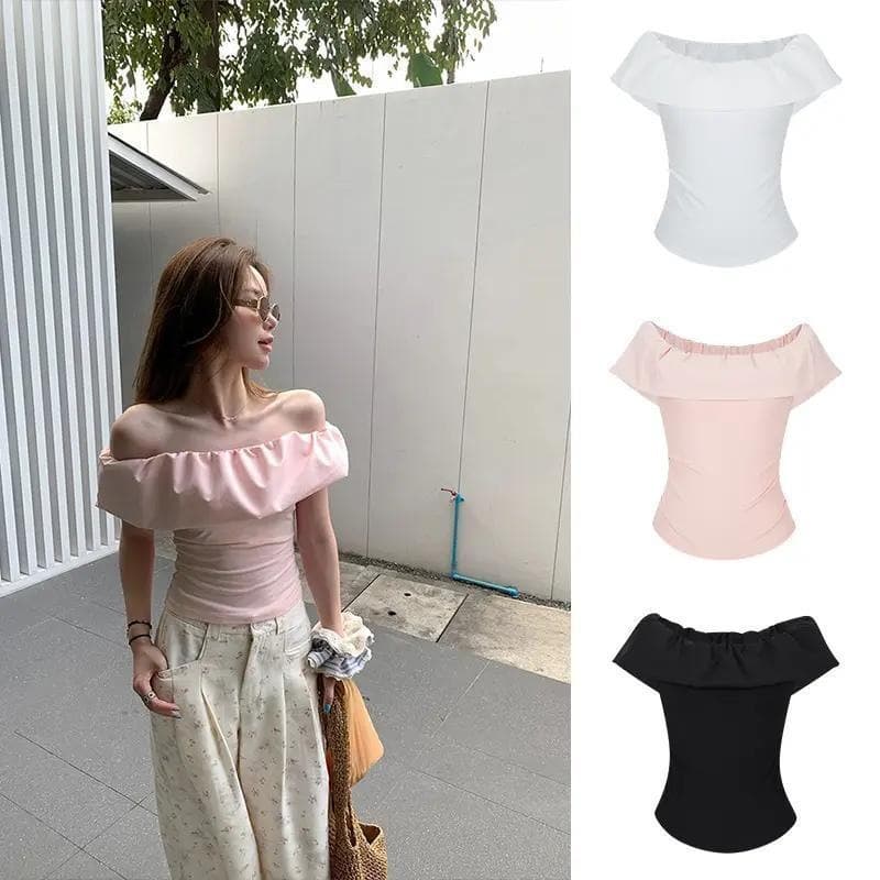 Stunning Pink Off-shoulder Top With A Boat Neckline And Ruffled Short Sleeves 4