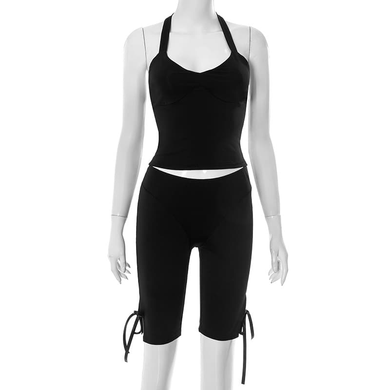 Womens Halterneck Strapless Tube Top And Bow-Knot Pants Solid-Color Set 3
