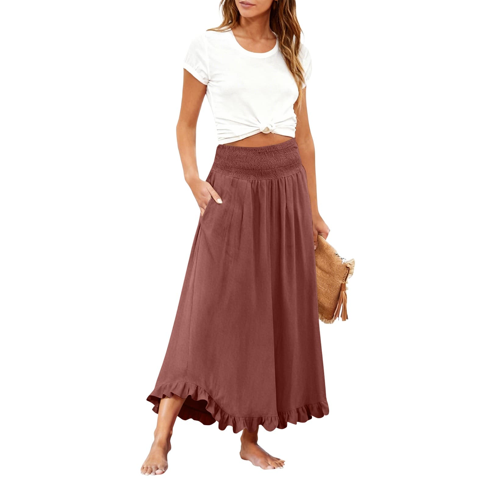 High-waisted Elastic-waist Long Skirt With Ruffled Hem 11