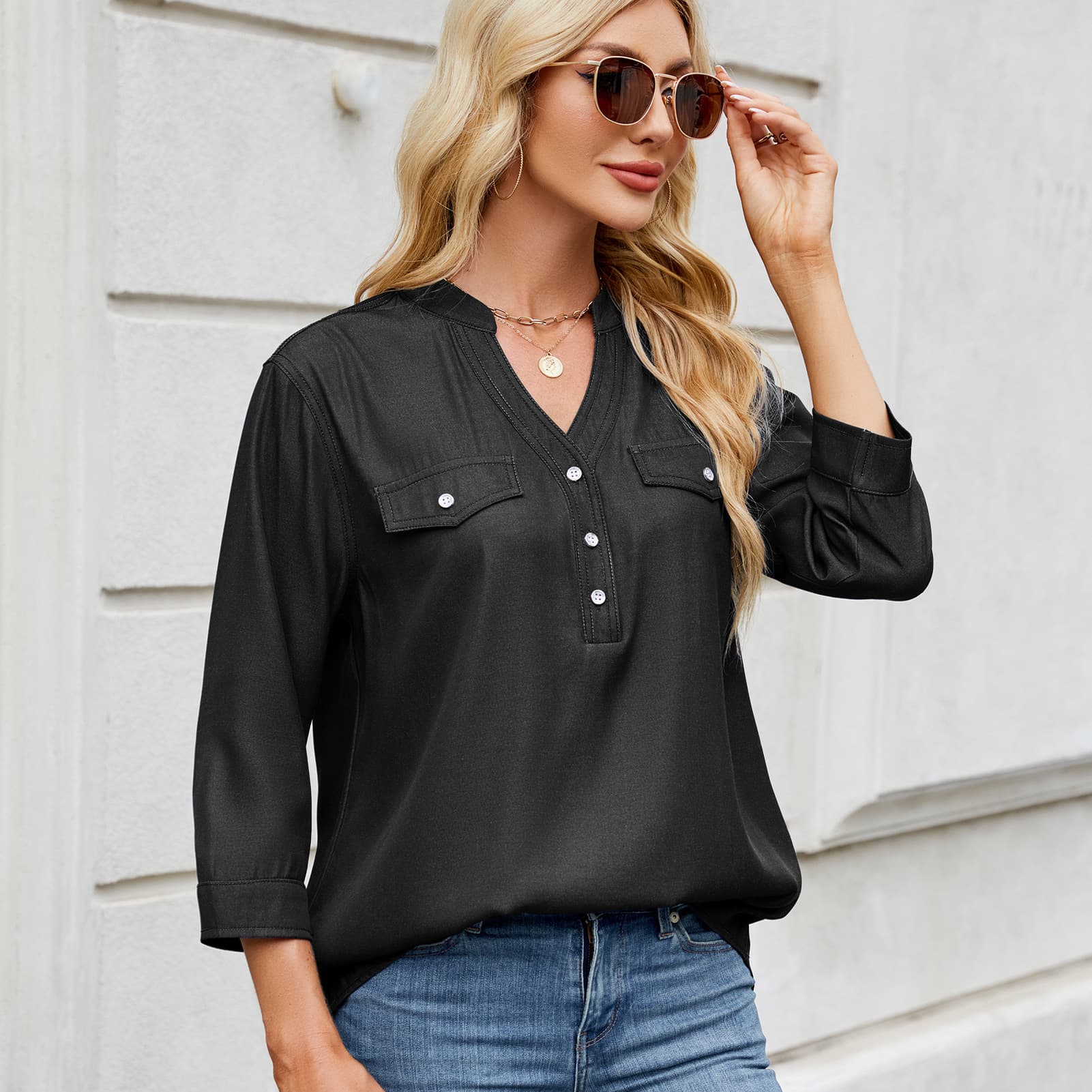 Casual Loose-fit Faux Denim Long Shirt 4