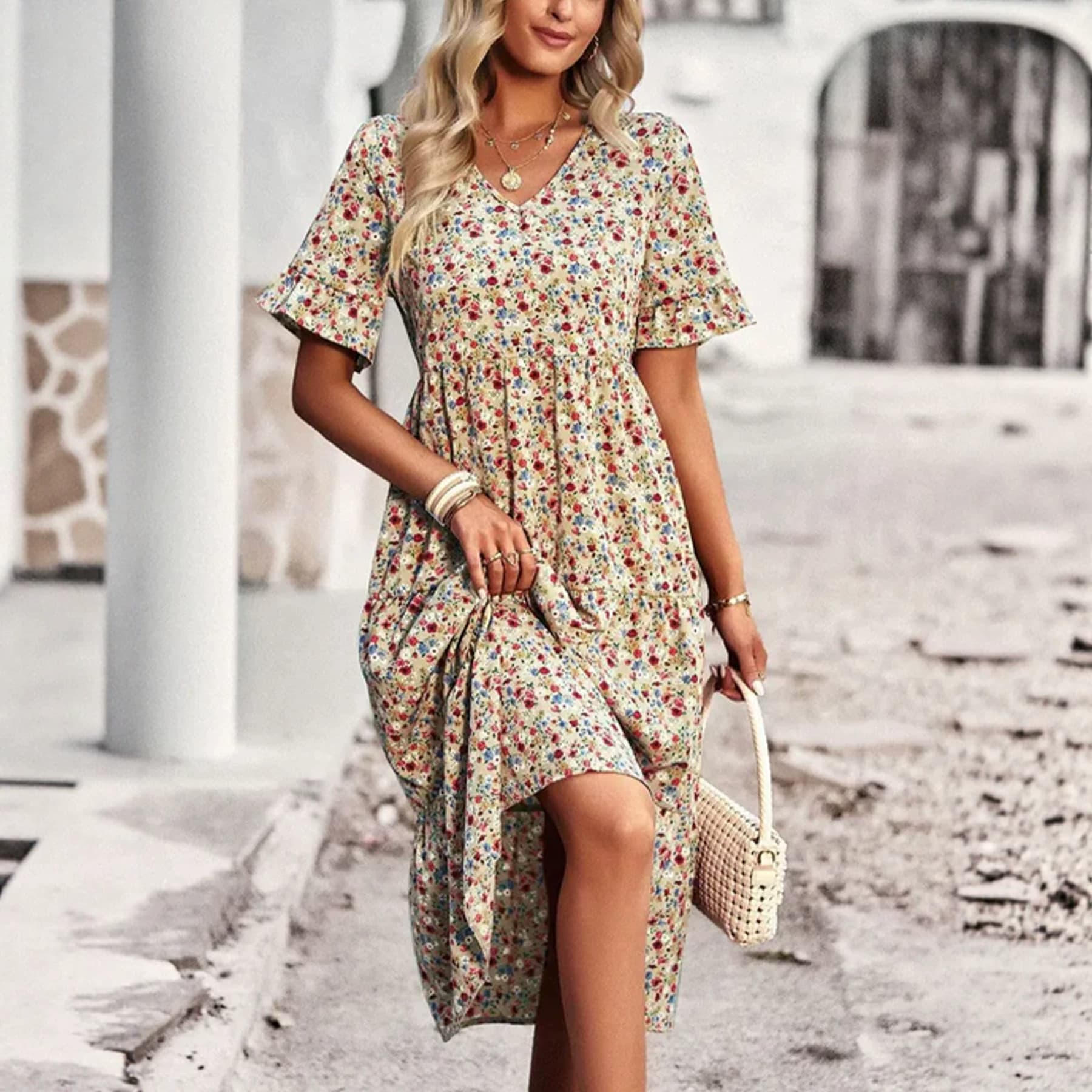 Casual Bohemian V-neck Short-sleeve Flowing Long Beach Dress 3