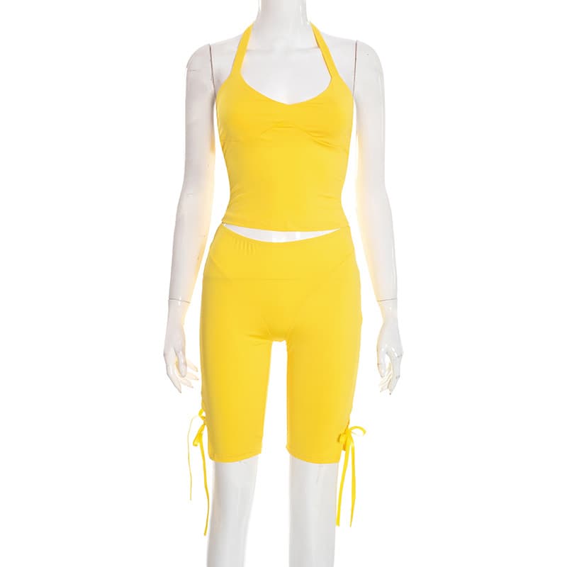 Womens Halterneck Strapless Tube Top And Bow-Knot Pants Solid-Color Set 4