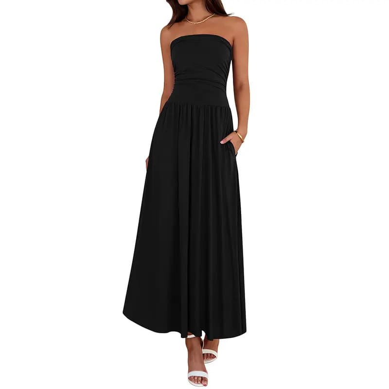 Vintage-tinged Pleated Patchwork Strapless Evening Dress 10