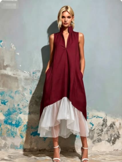 Color-block Stand-collar V-neck Asymmetrical Ruffled Dress 8