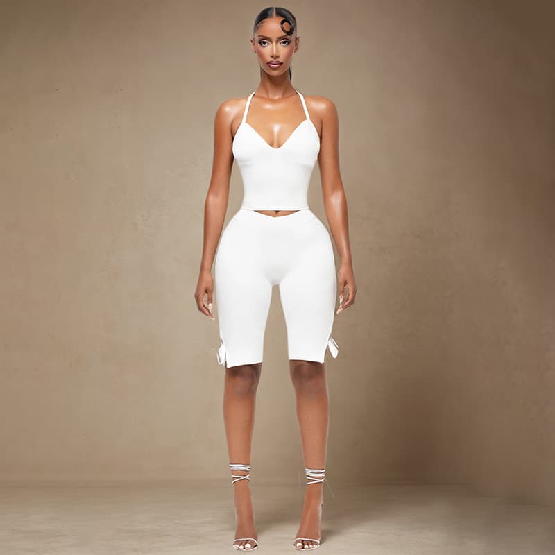 Womens Halterneck Strapless Tube Top And Bow-Knot Pants Solid-Color Set 6