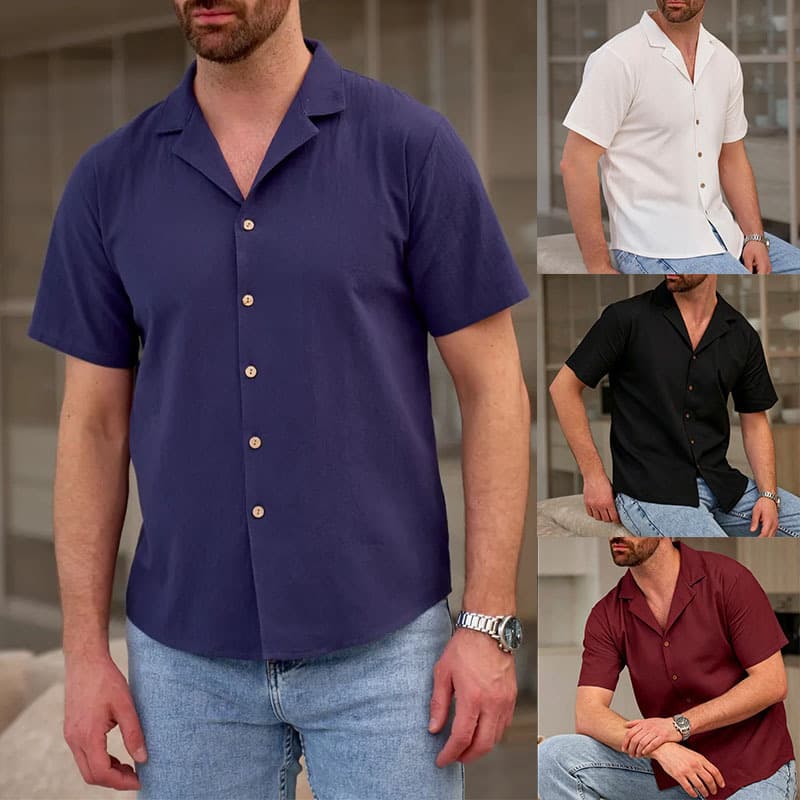 Mens Casual And Stylish Lapel Short-sleeve Cotton-linen Shirt 4