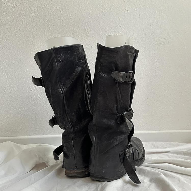 Womens Retro Leather-buckle Pleated Mid-calf Boots 4