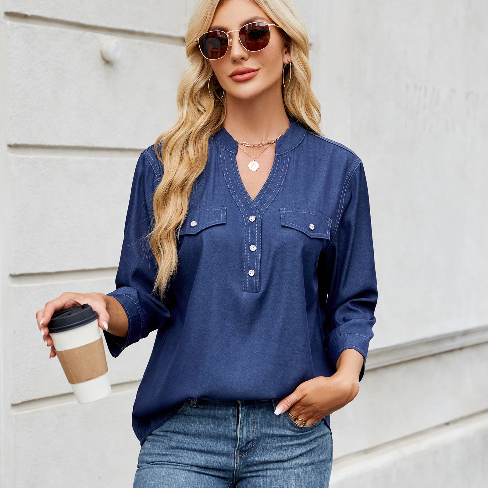 Casual Loose-fit Faux Denim Long Shirt 2
