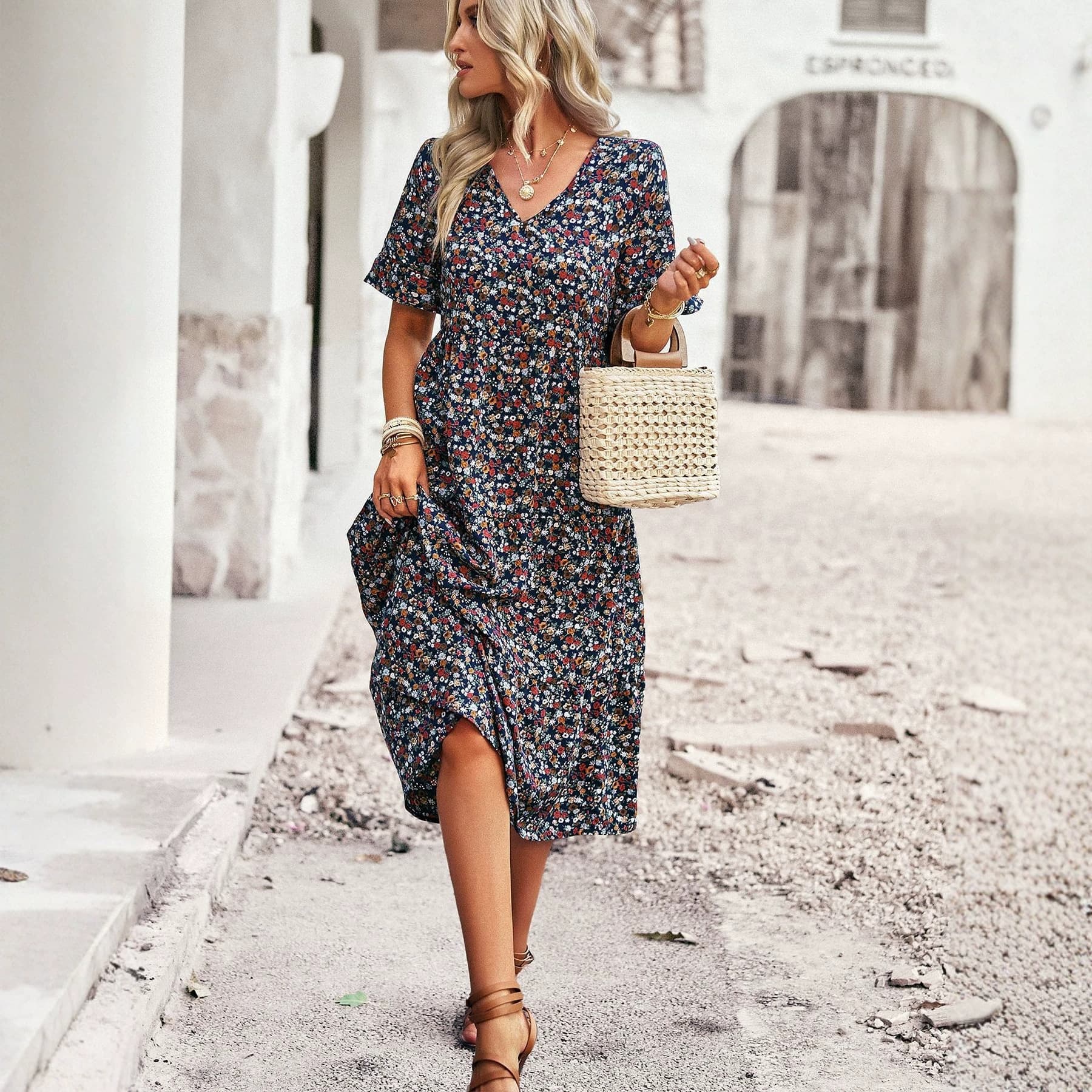 Casual Bohemian V-neck Short-sleeve Flowing Long Beach Dress 4