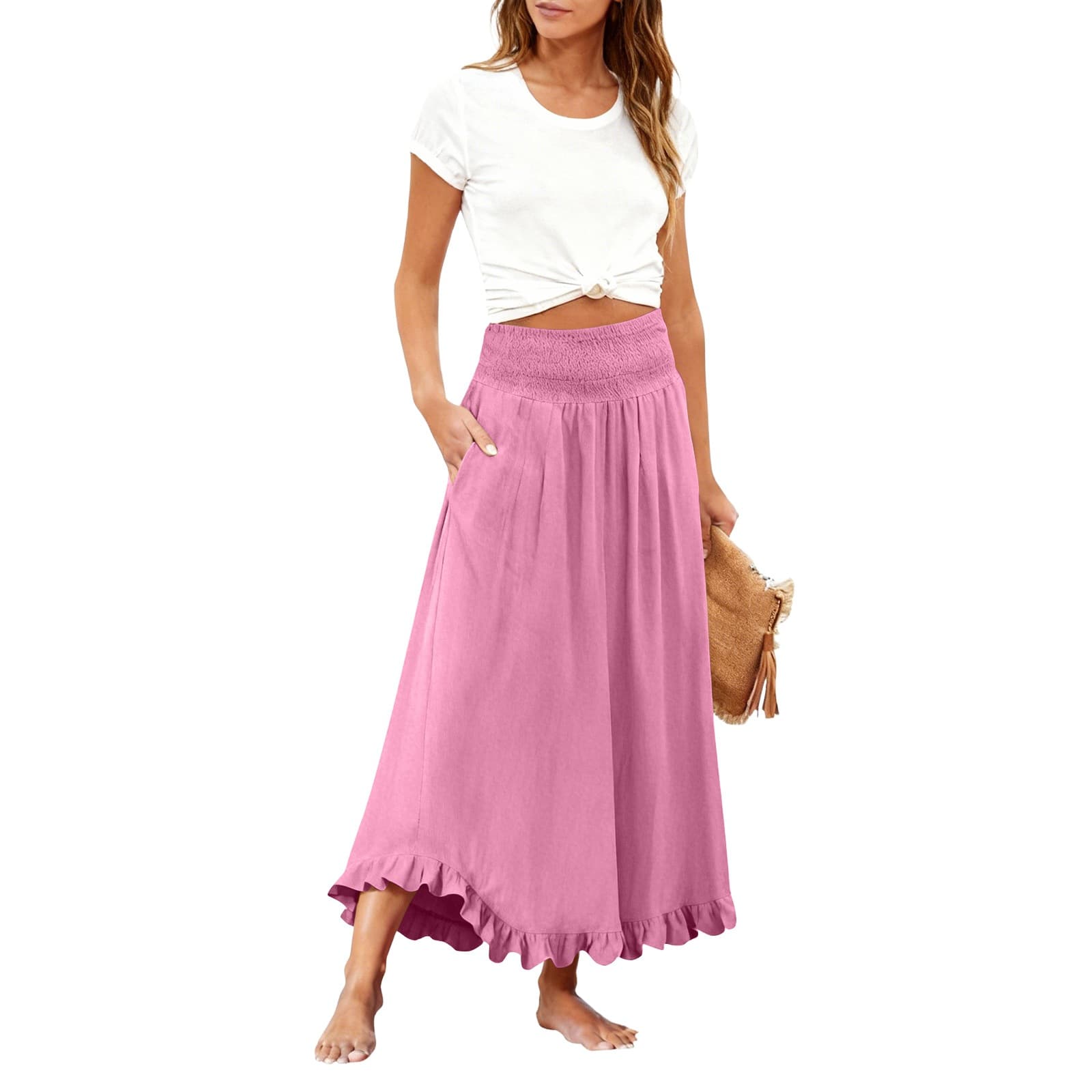 High-waisted Elastic-waist Long Skirt With Ruffled Hem 12
