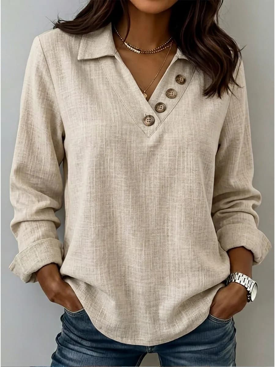 Versatile V-neck Button-up Retro Long-sleeve T-shirt 3