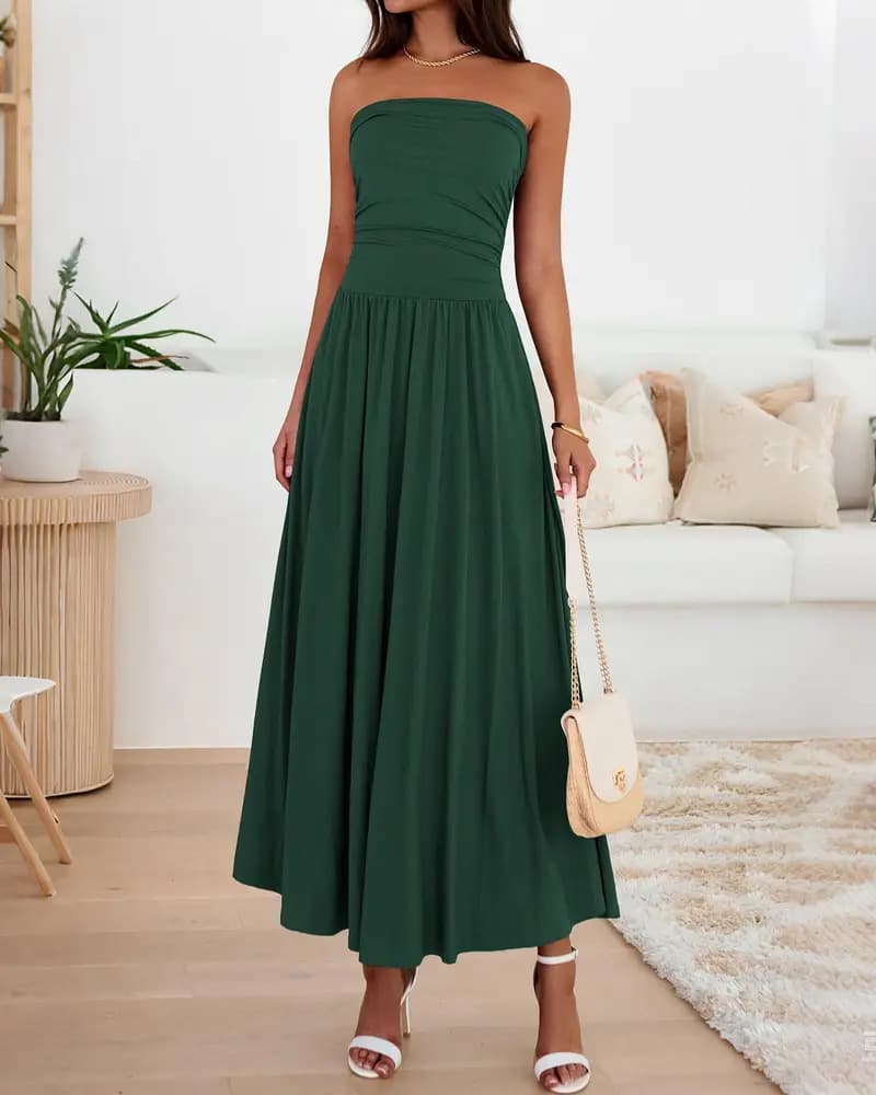 Vintage-tinged Pleated Patchwork Strapless Evening Dress 4