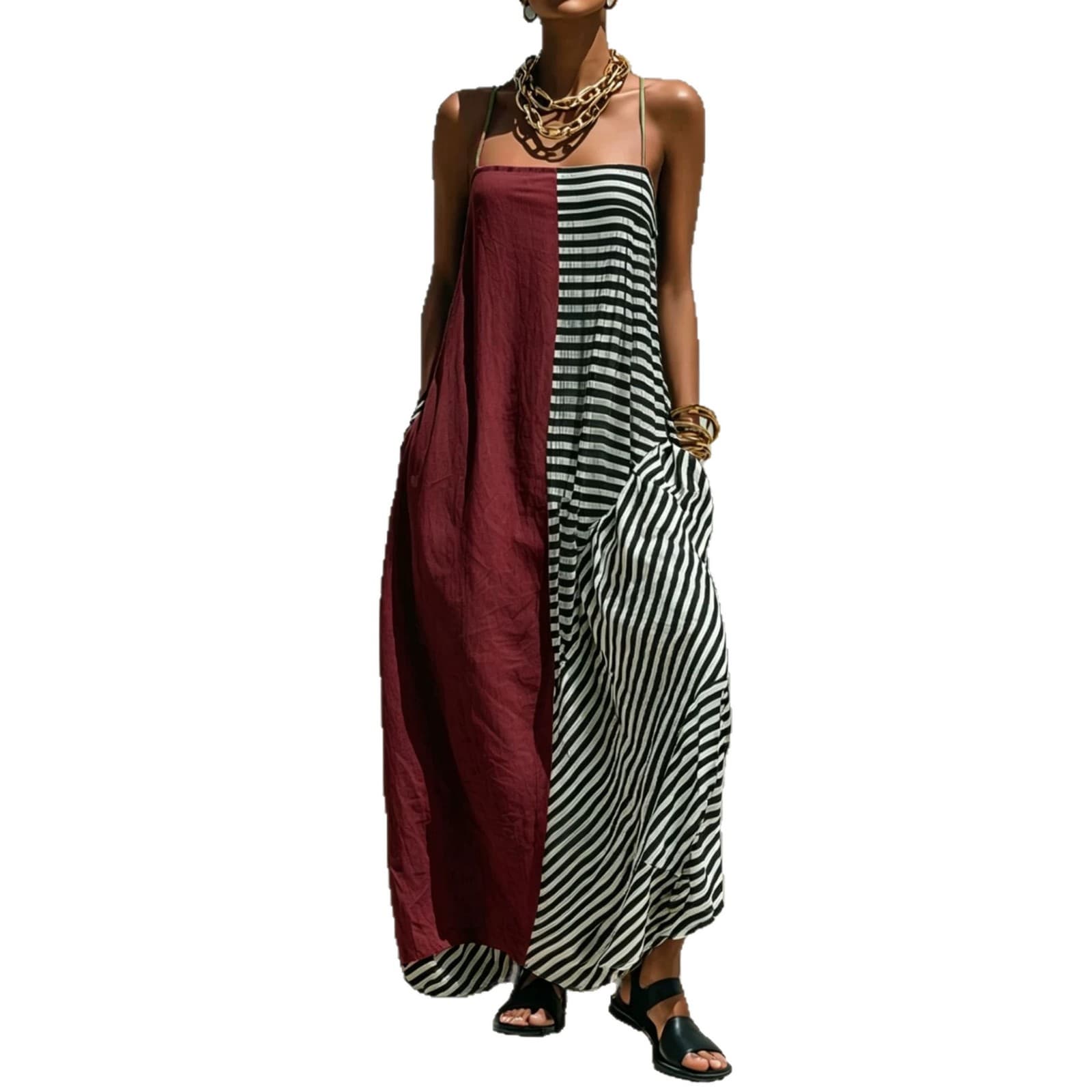 Printed Striped Strap Sleeveless Long Dress 7