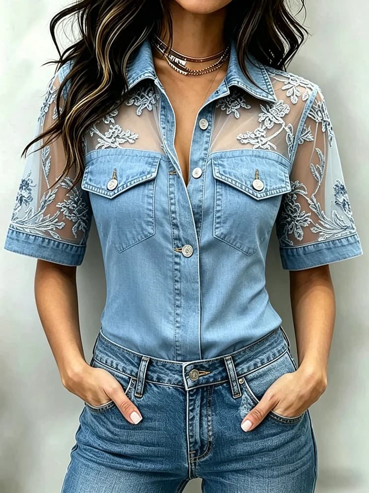 Womens Casual Loose-fit Faux-jean Patchwork Top 6