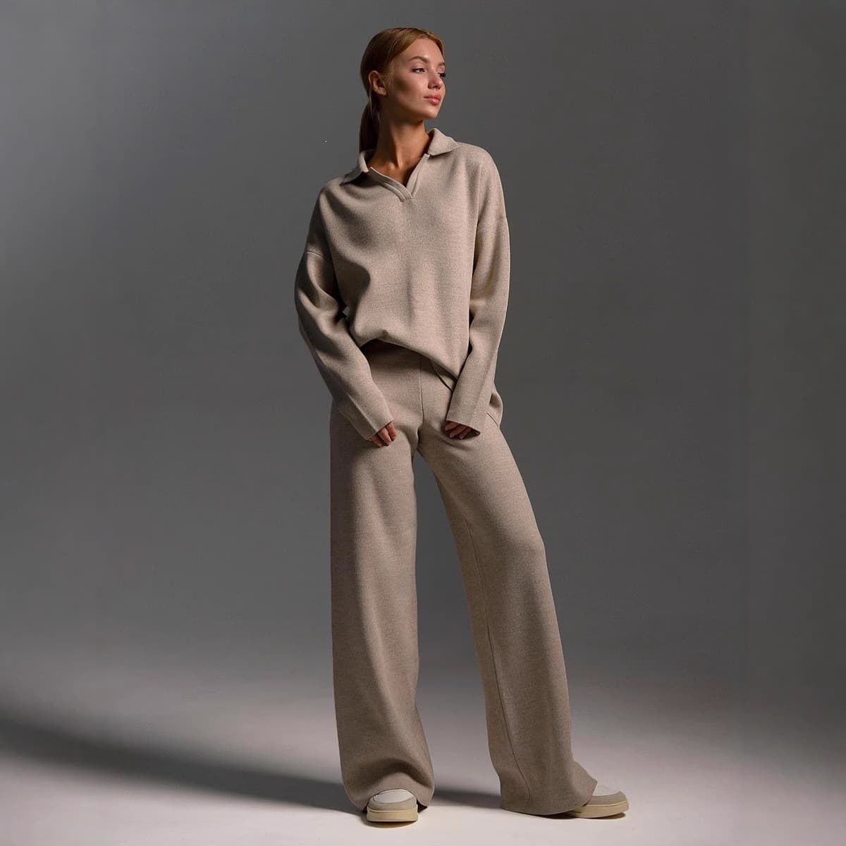 Womens Solid-color Polo-collar Wide-leg Pants Set 9
