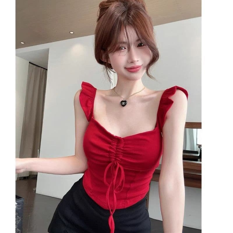 Sweet And Alluring Red Camisole With Bishop Sleeves And A Square Neckline 5
