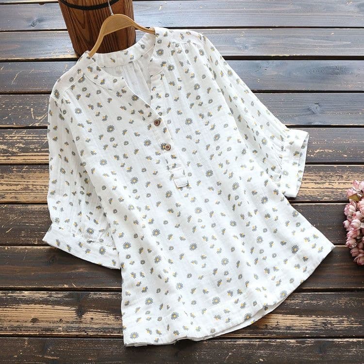 Printed Stand-collar Shirt Loose-fit Casual Batwing-sleeve Blouse 2