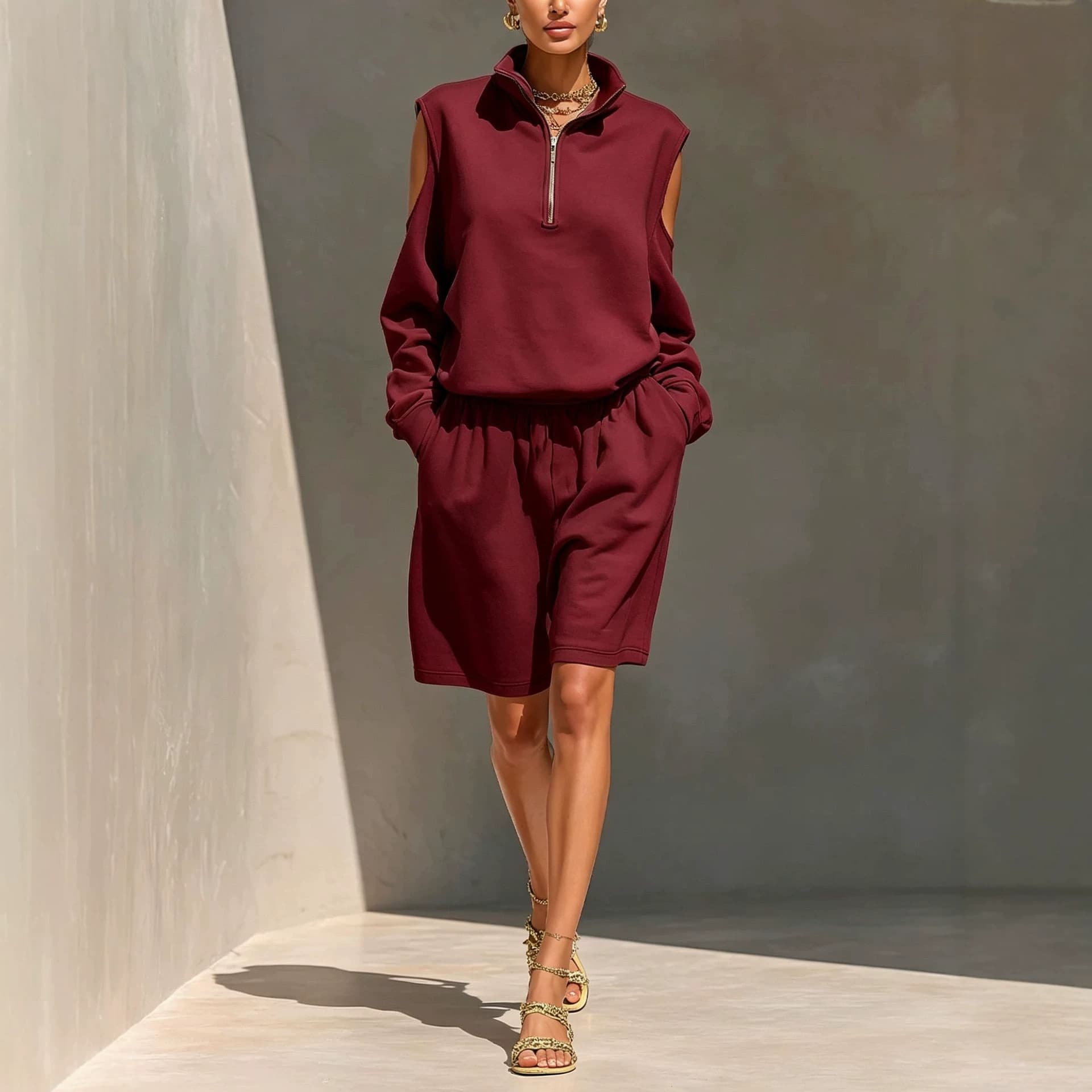 Half-zip Off-shoulder Sweatshirt And Relaxed-fit Shorts Set 7