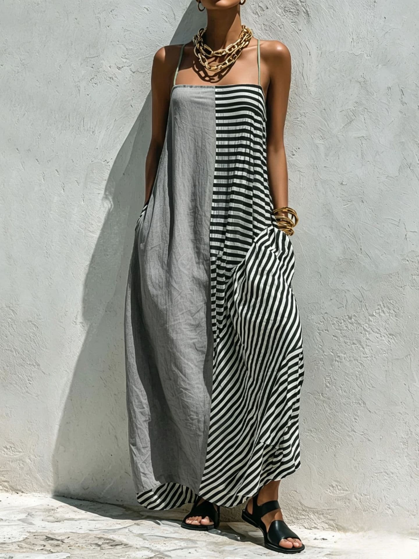 Printed Striped Strap Sleeveless Long Dress 4