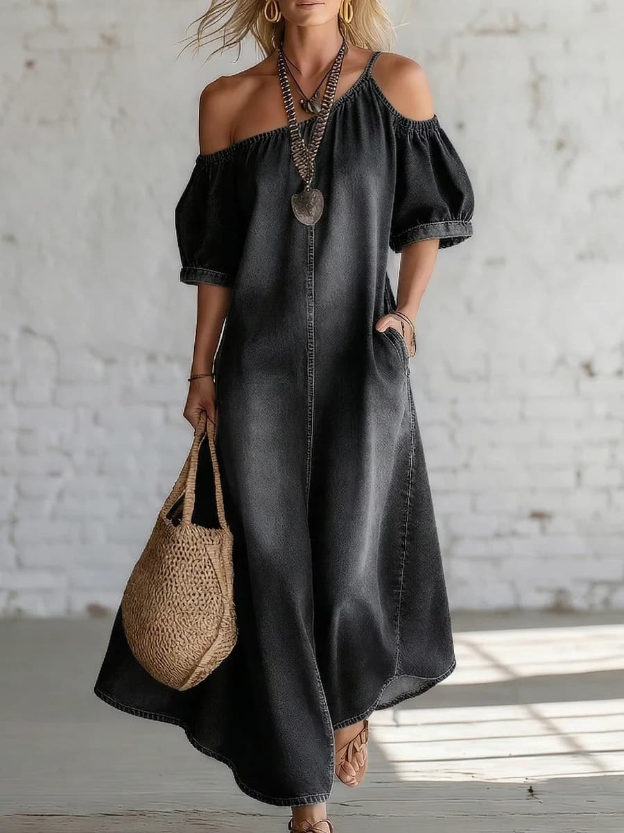 Loose-fit Chic Off-shoulder Slit Denim Maxi Dress 2