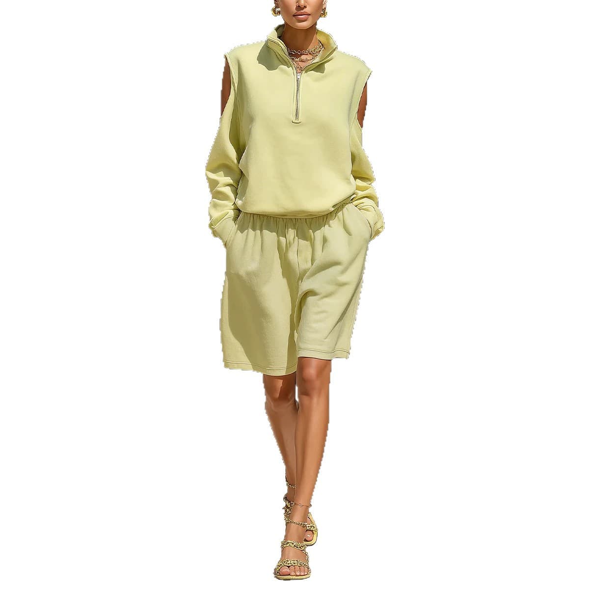 Half-zip Off-shoulder Sweatshirt And Relaxed-fit Shorts Set 6