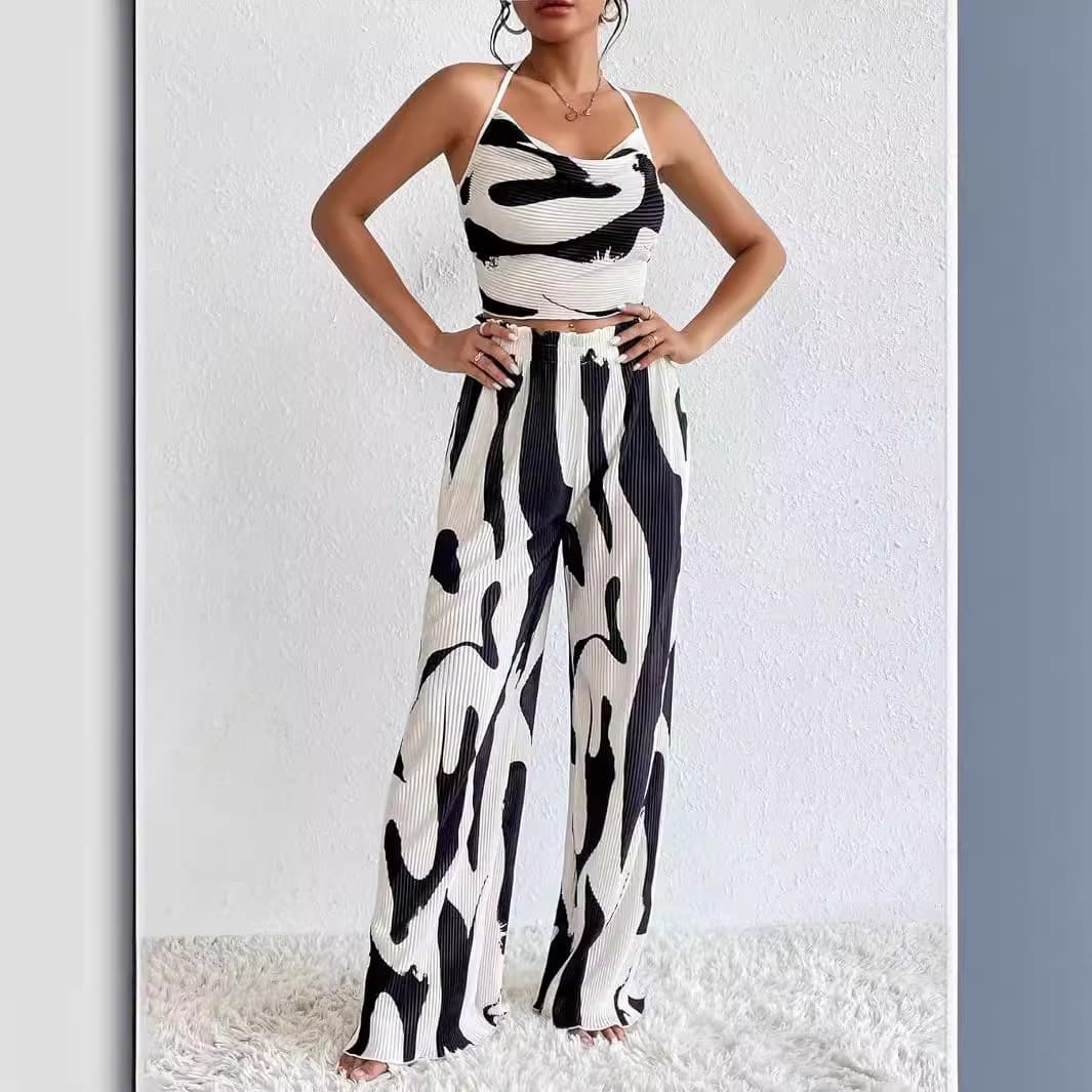 Large-Check Print Halterneck Wide-Leg Pants Casual Set 6