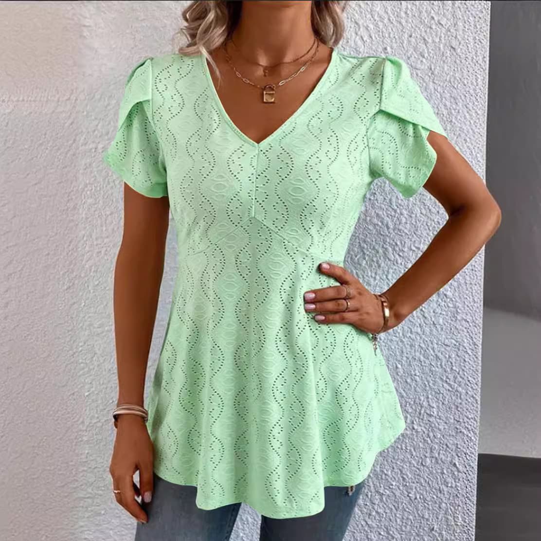 Solid-color V-neck Flutter-sleeve Casual 4