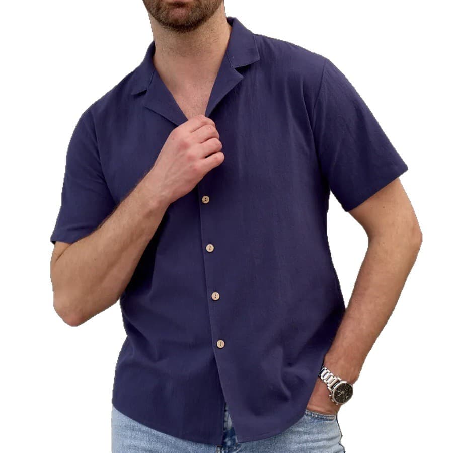 Mens Casual And Stylish Lapel Short-sleeve Cotton-linen Shirt 2