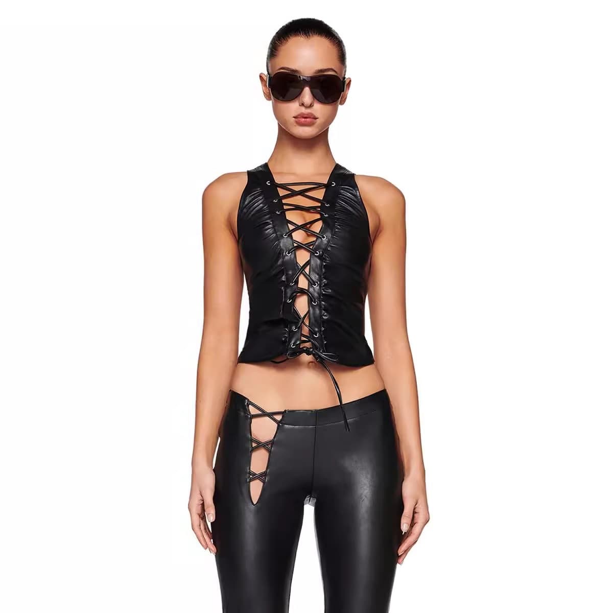 European And American-style Solid-color Rivet Strap PU Leather Sleeveless Top 5
