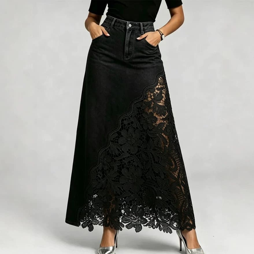 Washed Denim Lace-Panel Long Bodycon Skirt 2