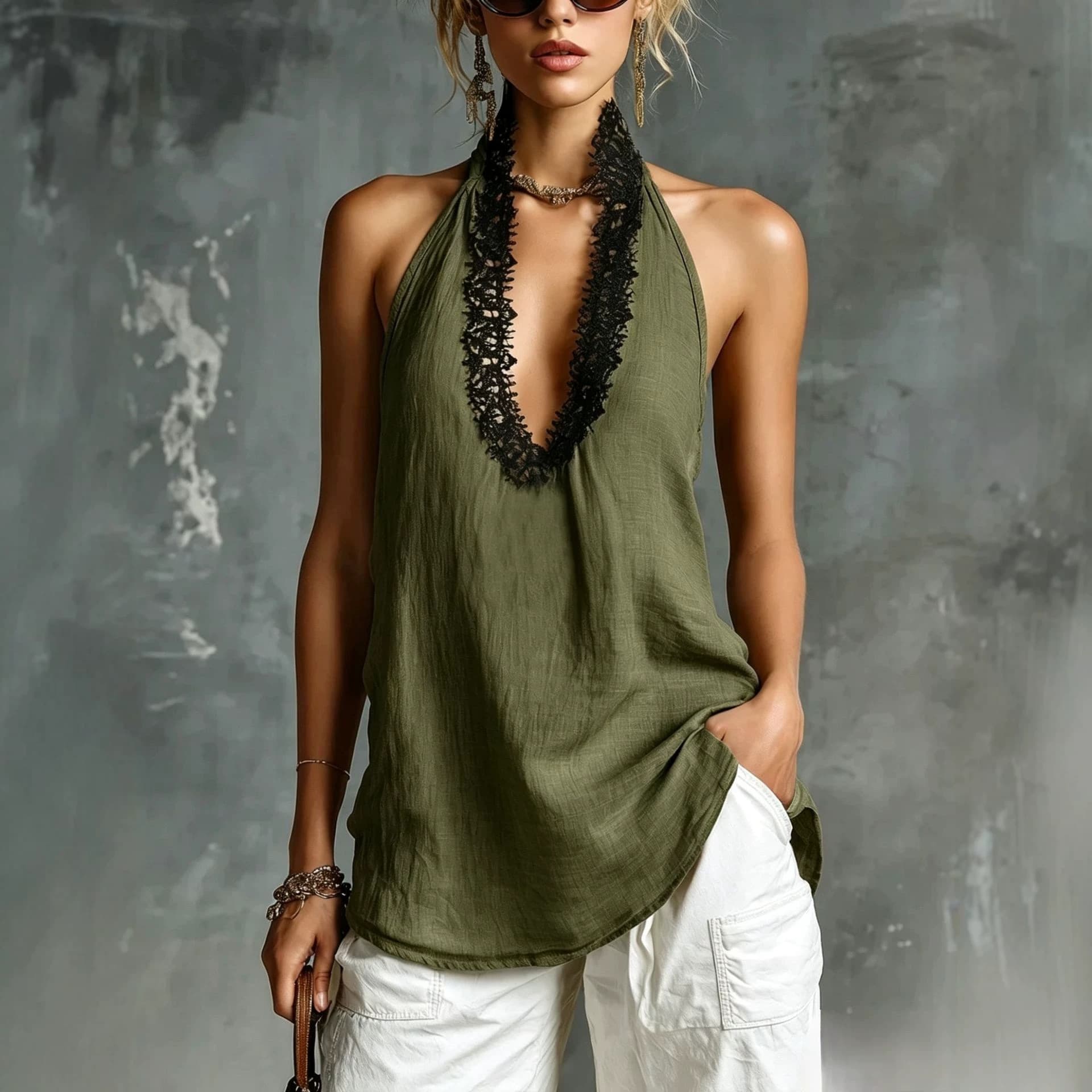V-neck Sleeveless Halter Lace-trimmed Cotton-linen Vest 10