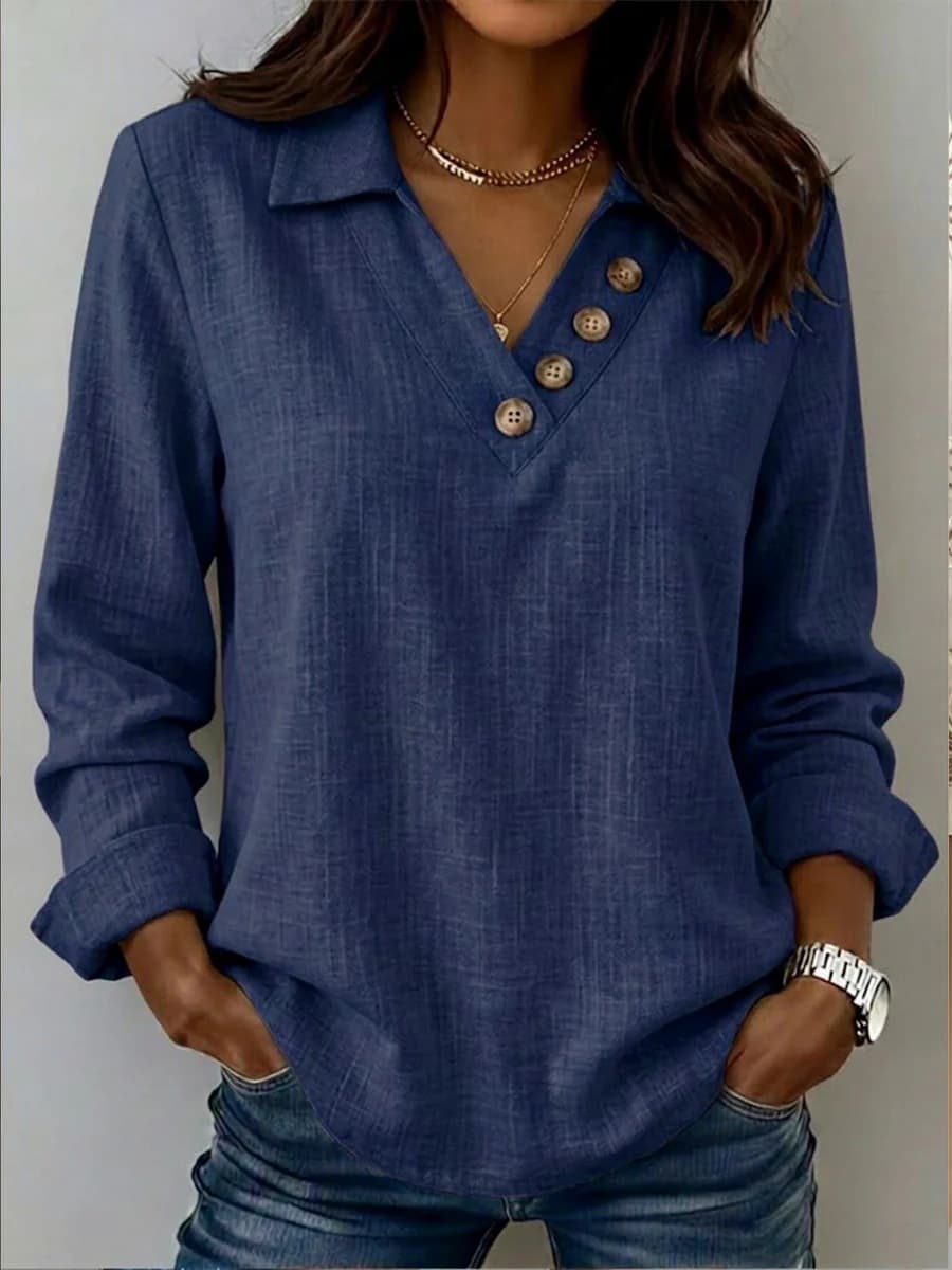 Versatile V-neck Button-up Retro Long-sleeve T-shirt 6