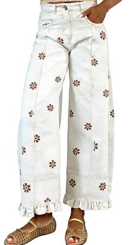 Floral-print Wide-leg Pants Loose-fitting Vintage-style Denim Imitations 9