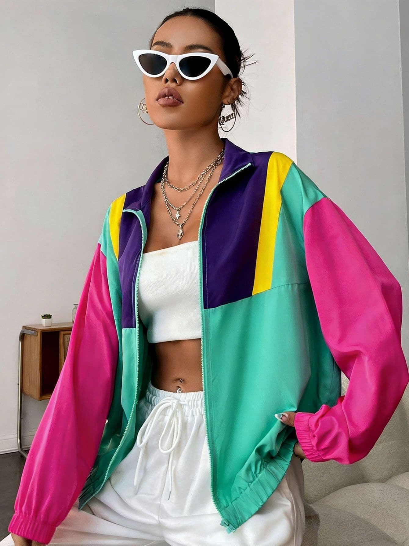 New Summer Casual Color-block Patchwork Zip-up Jacket For Women 3