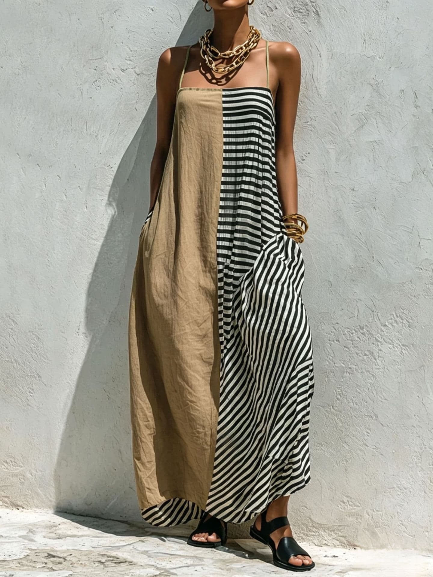 Printed Striped Strap Sleeveless Long Dress 12