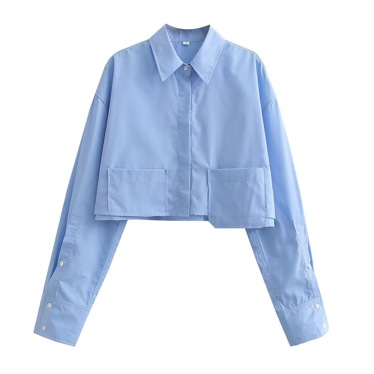 Stylish And Elegant Short-length Poplin Blouse With Long Sleeves And Pockets 6