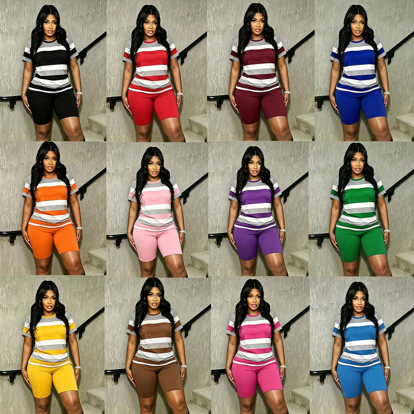 Womens Striped Short-Sleeve T-Shirt Casual Set 17