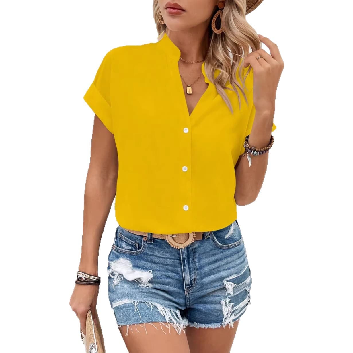 V-neck Fashionable Casual Womens Solid-color Batwing Short-sleeve Shirt 6