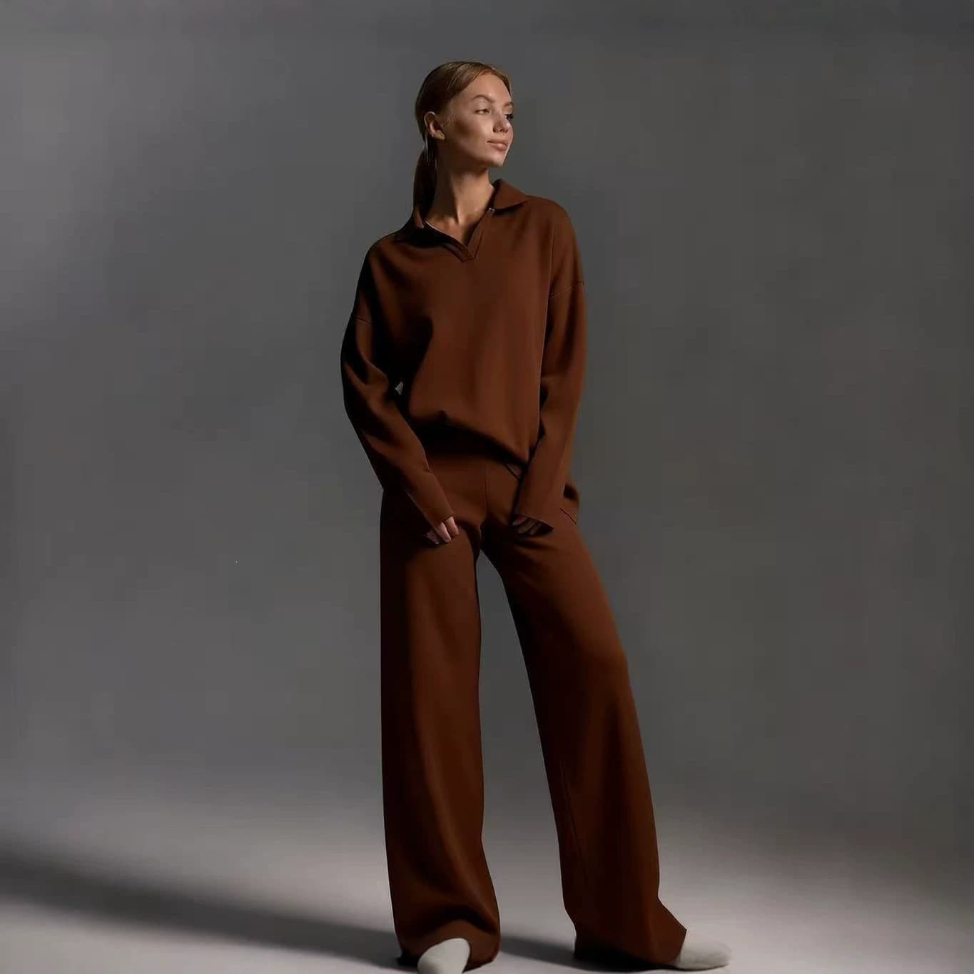 Womens Solid-color Polo-collar Wide-leg Pants Set 7