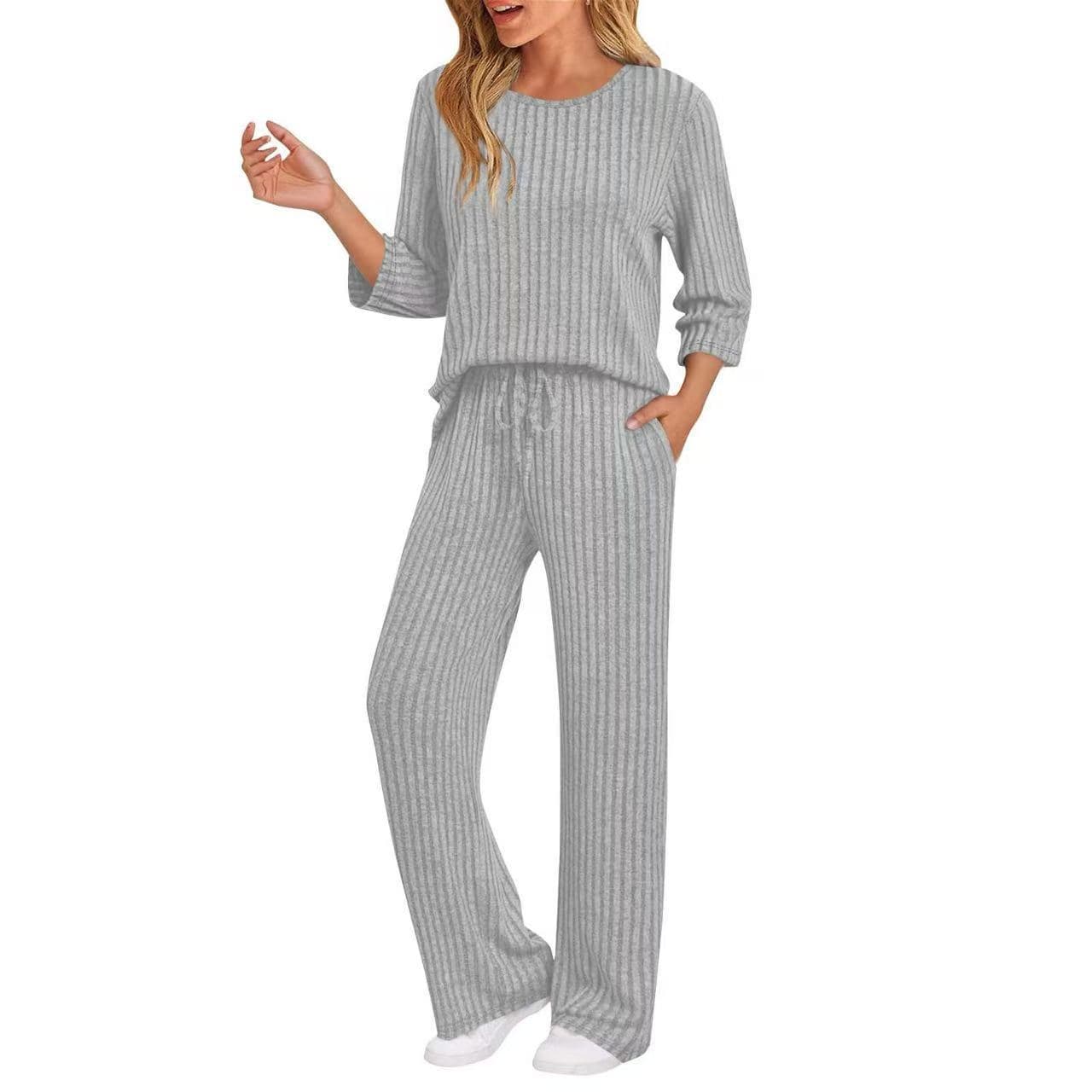 European And American-style Ribbed Striped Knit Casual Set 9