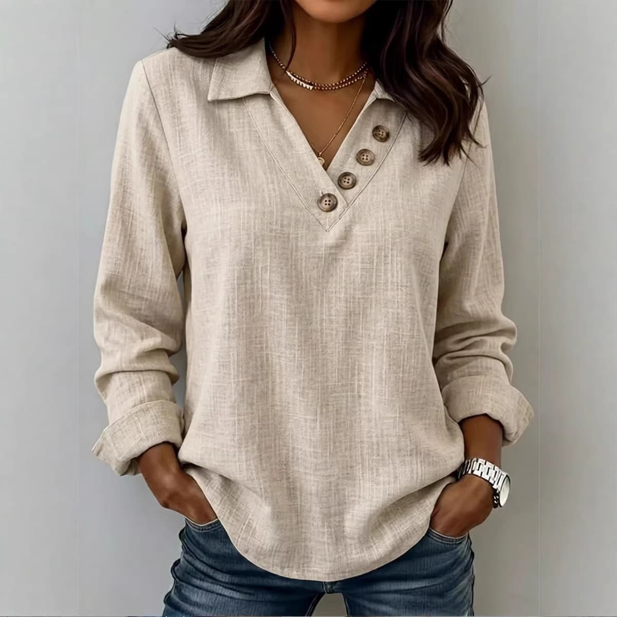Versatile V-neck Button-up Retro Long-sleeve T-shirt 7