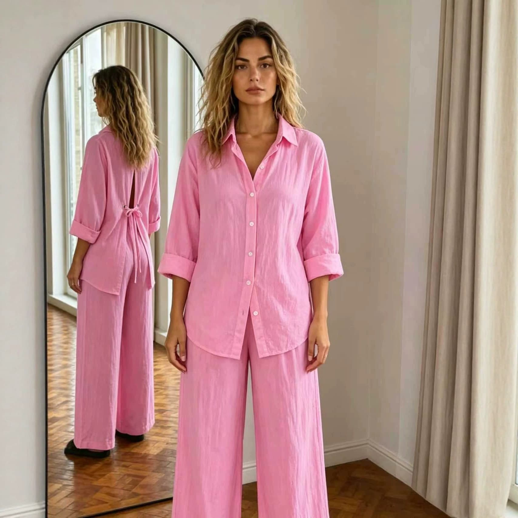 New Casual Solid-Color Trousers Summer Loose Single-Breasted Crepe Shirt Set 5